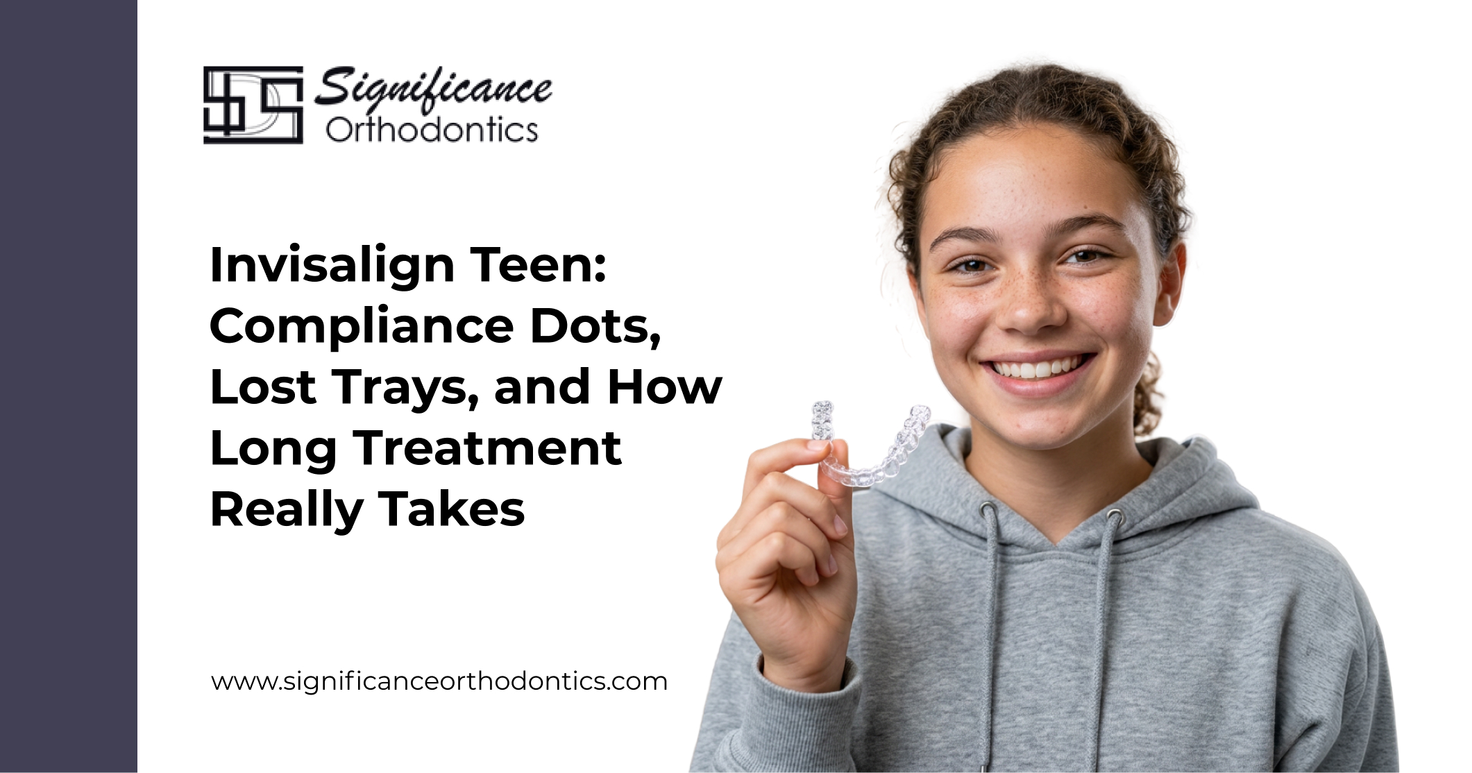 Smiling girl holding Invisalign Teen clear aligner.