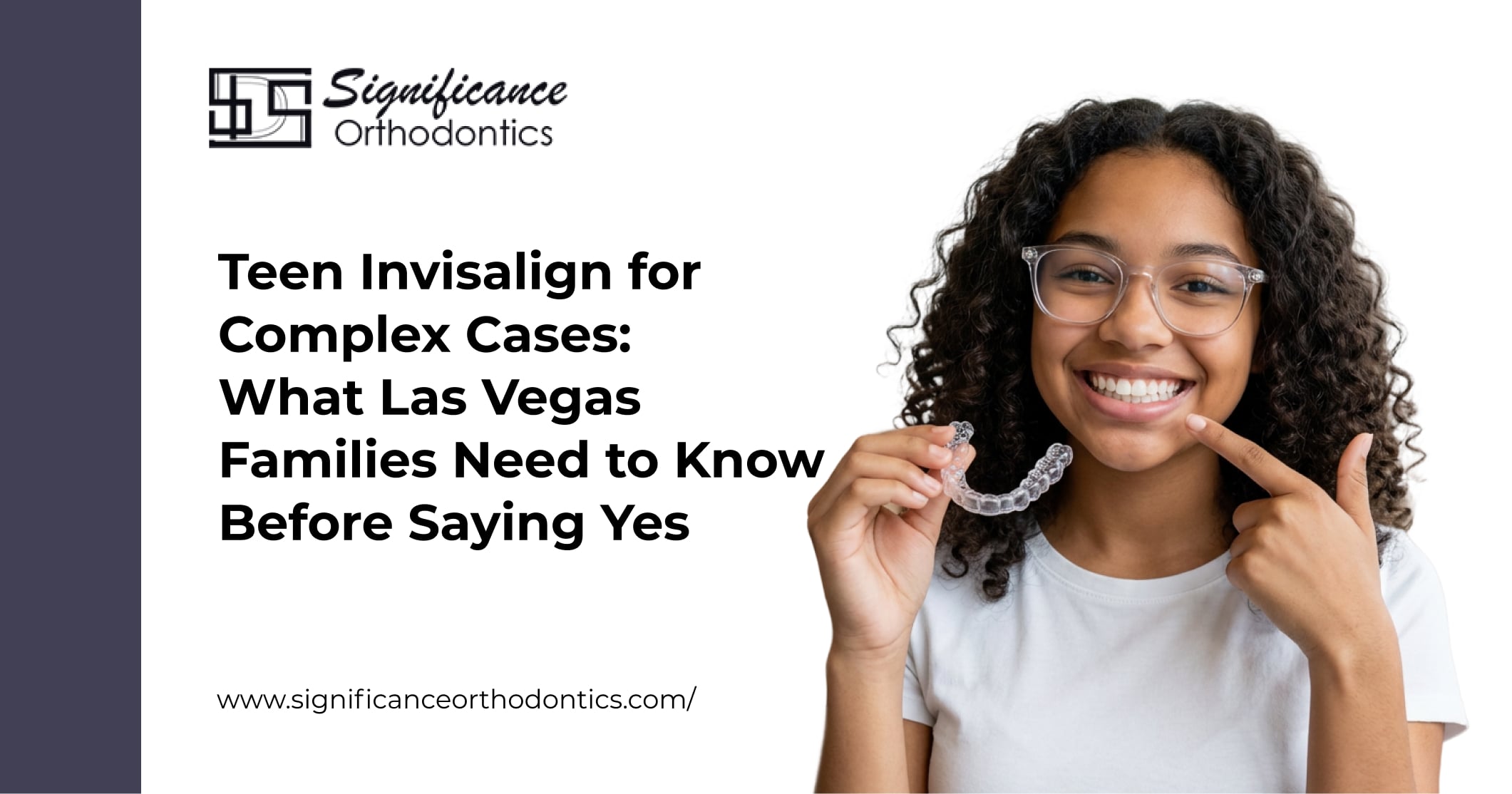 Smiling girl holding a clear Invisalign aligner for effective teeth straightening treatment.