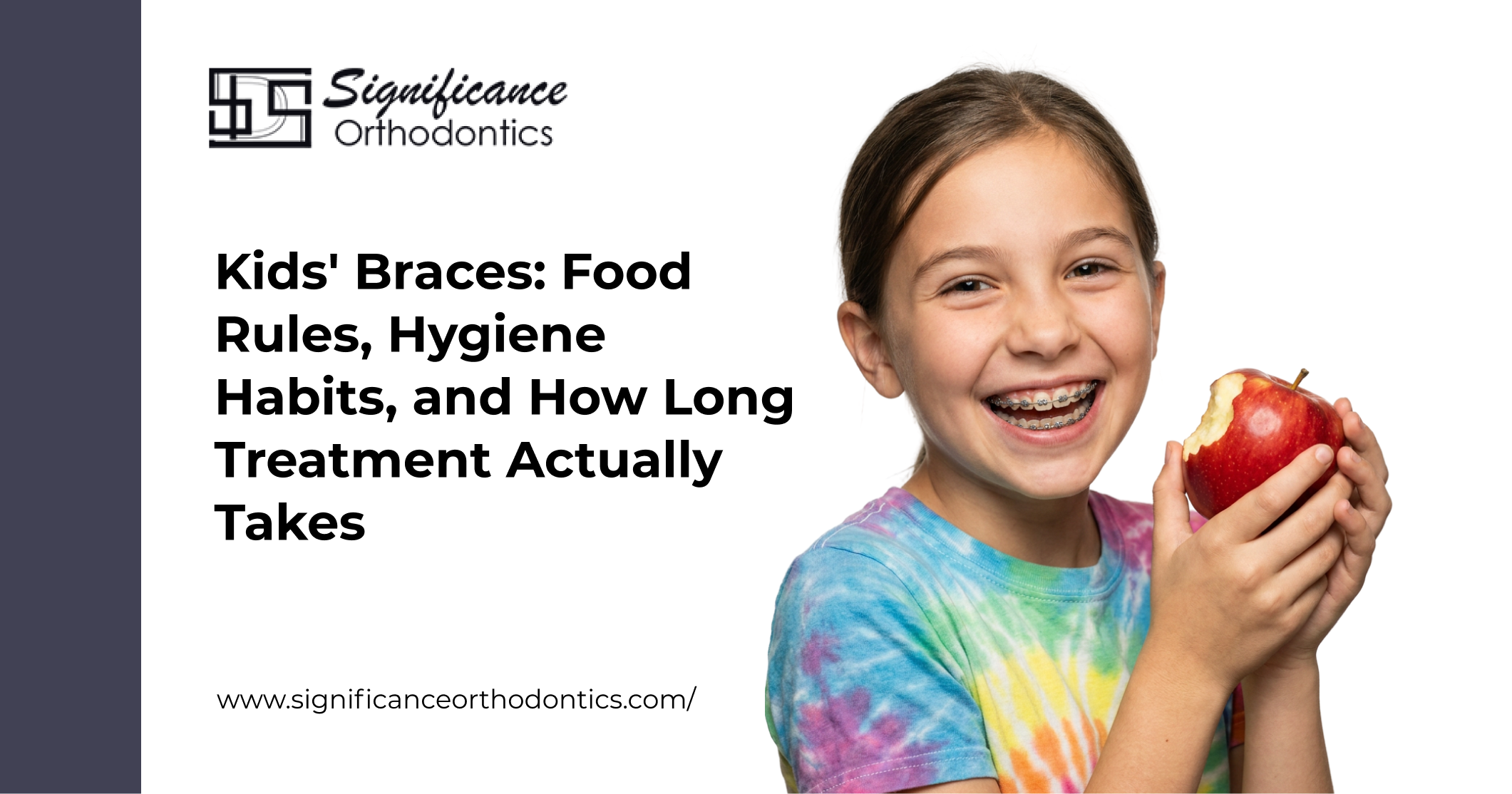 Smiling girl wearing kids' braces holding apple.