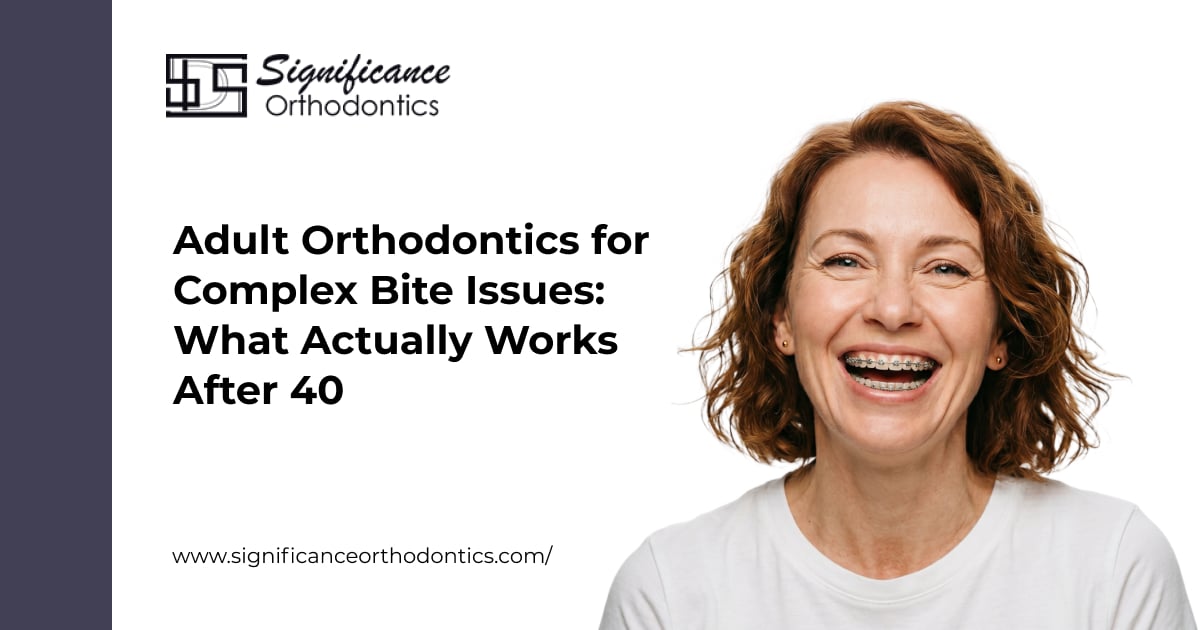 Smiling woman with metal braces.