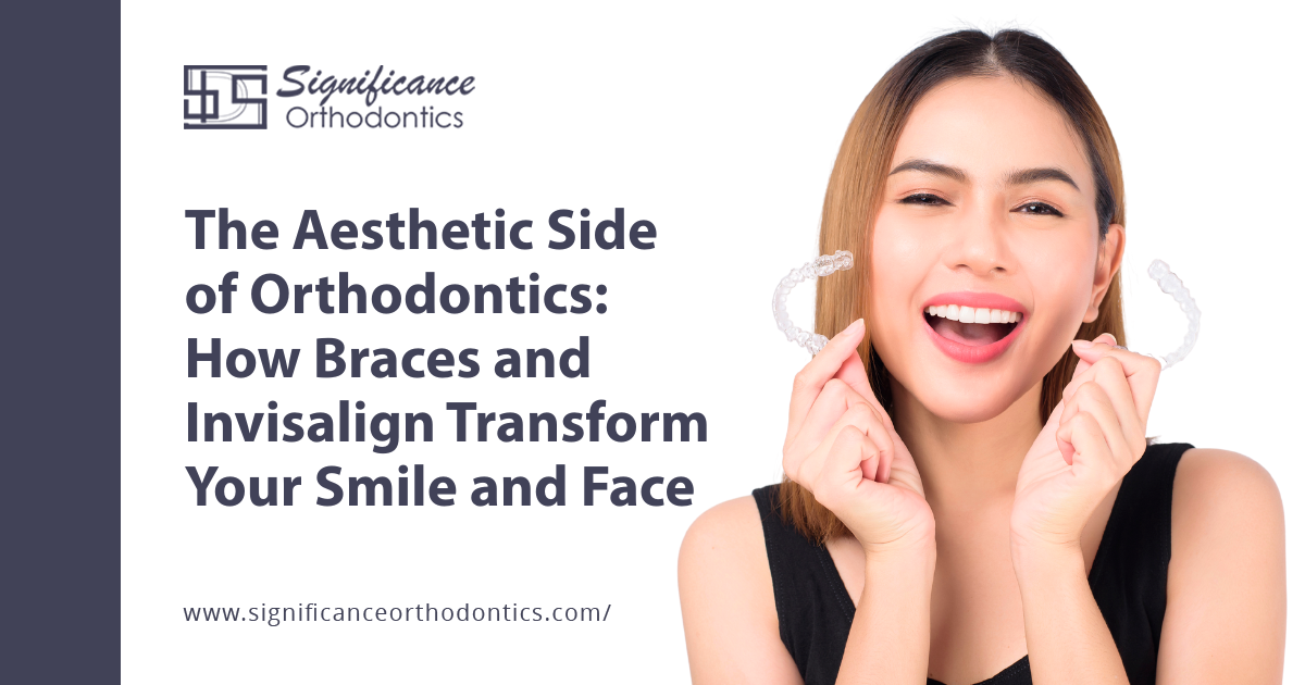 girl holding teeth straightening clear aligners by her face