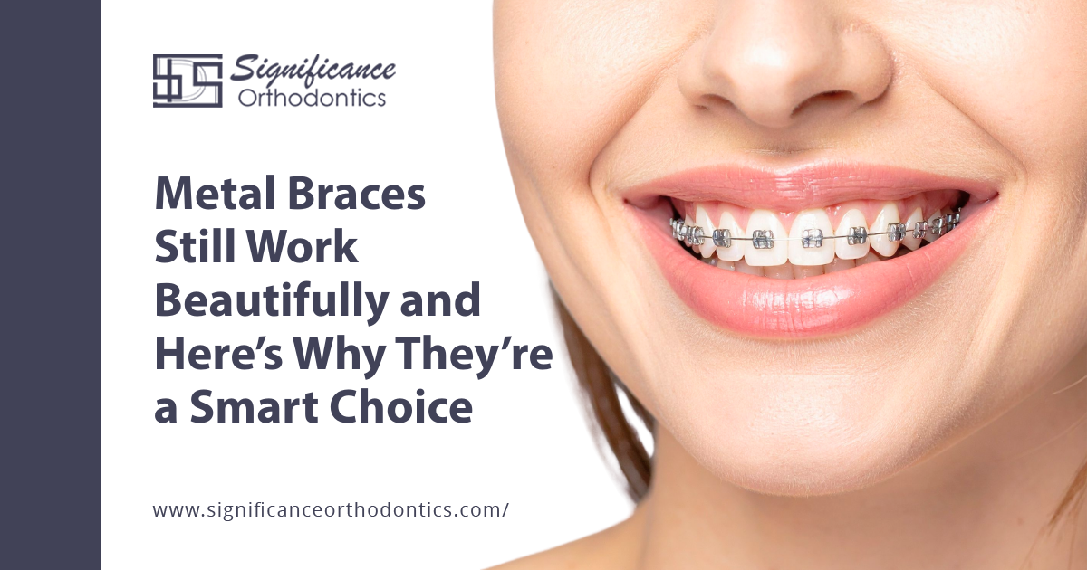 Woman's smile with metal braces.